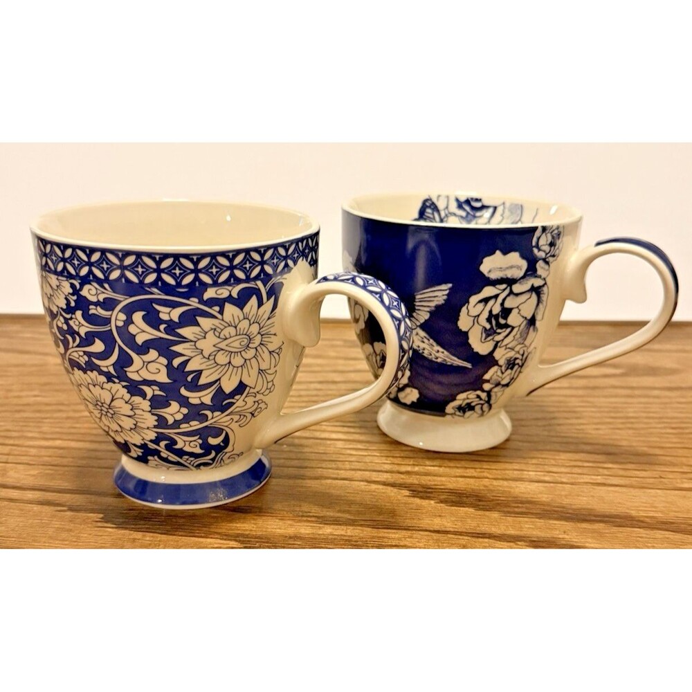 English Mug Co. Footed Coffee Mugs Blue & White Floral Hummingbird Set of 2